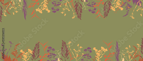 Autumn banner with border meadow flowers and grass, silhouette. Herbal background. Herbarium. 