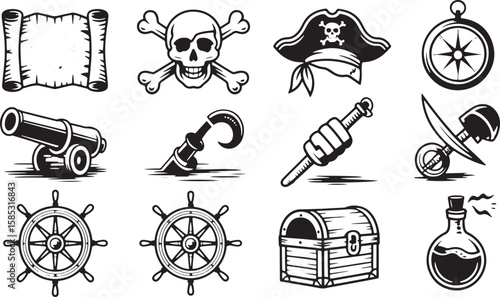 Pirate Treasure Icons Set with Skull Crossbones Hook Sword