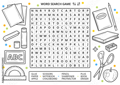Back to school word search puzzle game with line drawings worksheet. School line art drawing elements, doodles. Fun activity for learning English vocabulary. Educational game for children and adults