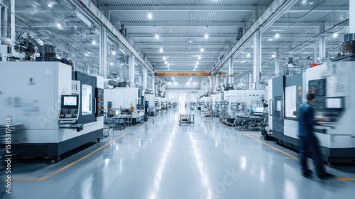 Fototapeta Naklejka Na Ścianę i Meble -  A modern CNC high-tech factory with advanced CNC machinery and industrial robots  background. Clean design lines. 3d illustration.