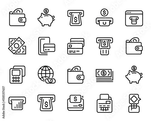 Banking Vector Icon Set - Wallet, ATM, Piggy Bank, Credit Card, Mobile Payment, Cash, Savings, Transaction, Finance, Money, Receipt - Adjustable Line Weight