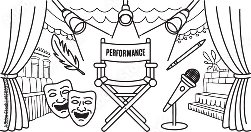 Theater stage with performance chair microphone masks and spotlights vector