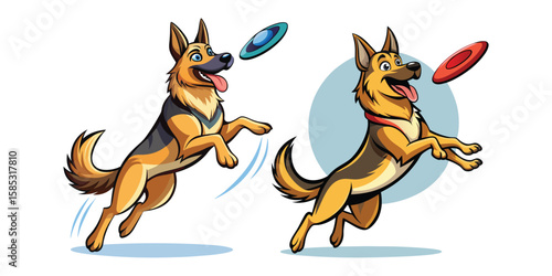 Dynamic German Shepherd jumping mid-air catching frisbee, energetic dog vector illustration, playful pet design, active canine sport, perfect for outdoor and pet lovers artwork