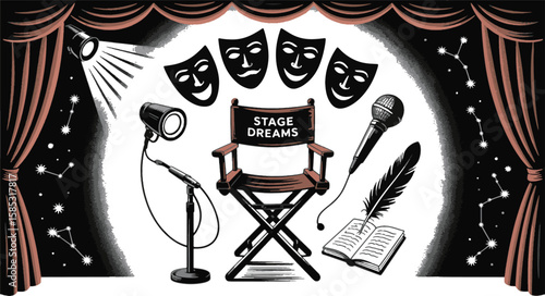 Theater stage with spotlights masks microphone director chair feather quill and open book vector