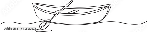 continuous one line drawing of rowboat on water with oar resting inside, clean black line illustration