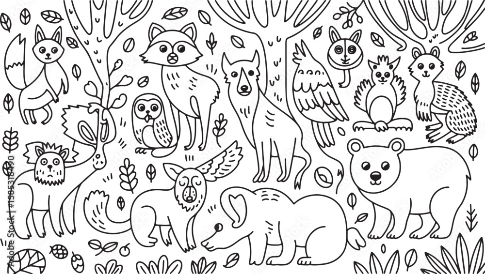 Fototapeta premium Woodland creatures and foliage in a whimsical outline style raccoon elephant