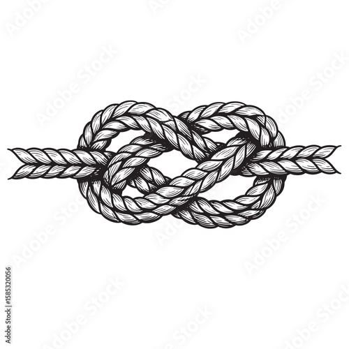 Hand drawn nautical illustration showcasing a detailed black and white rope knot on a clean white background with a vintage aesthetic.