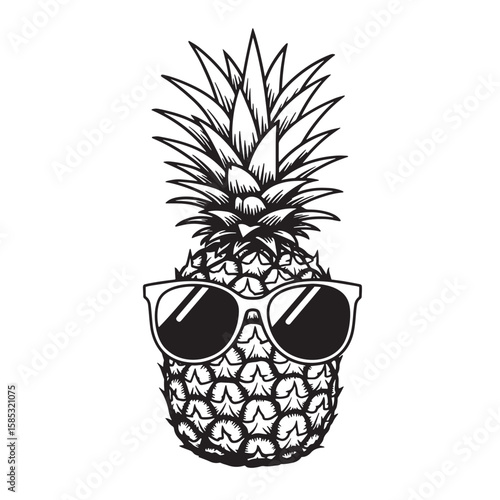 Stylish black and white pineapple wearing sunglasses representing summer fun vacation and relaxation