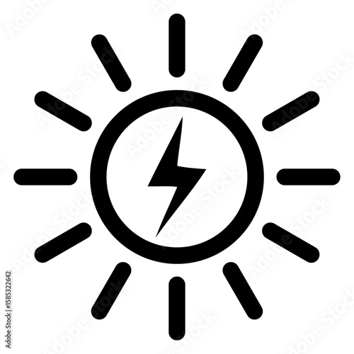 Logo energía limpia y sostenible. Símbolo energía renovable. Icono sol con líneas y rayo o relámpago 