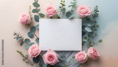 Flat lay of white card with pink roses and eucalyptus on pastel background