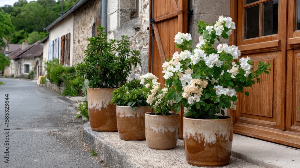 Naklejka premium Vibrant clay pots and vases arranged on a wooden shelf in a serene backyard garden with greenery and a rustic wood fence