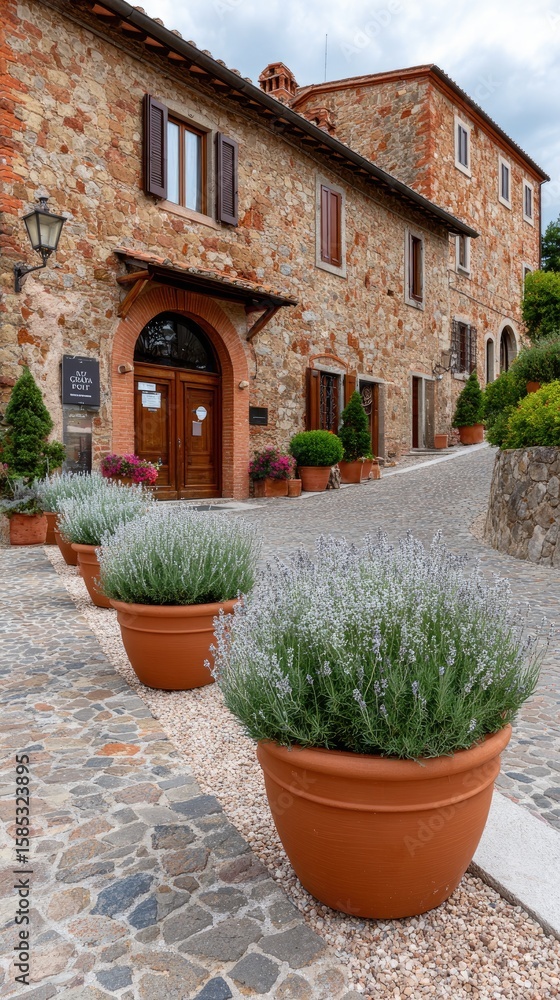 Fototapeta premium Vibrant clay pots and vases arranged on a wooden shelf in a serene backyard garden with greenery and a rustic wood fence
