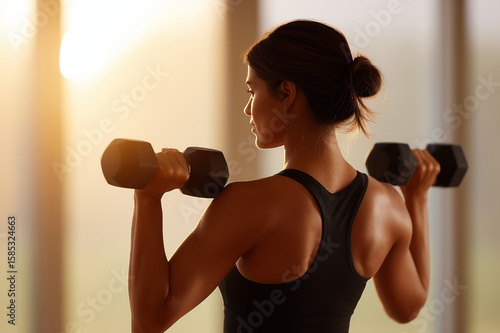Strong woman lifting dumbbells in gym with sunset light through windows