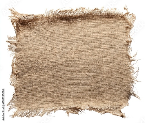 A rectangular piece of coarse, light-brown burlap with frayed edges, exhibiting a rough, textured surface and uneven weave