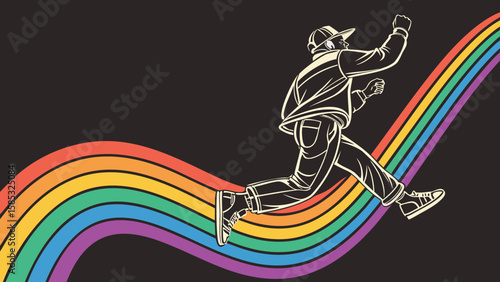 Colorful flowing gradient lines. Curved stripe pattern. 3D style vector design shapes. Vibrant, moving rainbow bands in black background vector illustration.