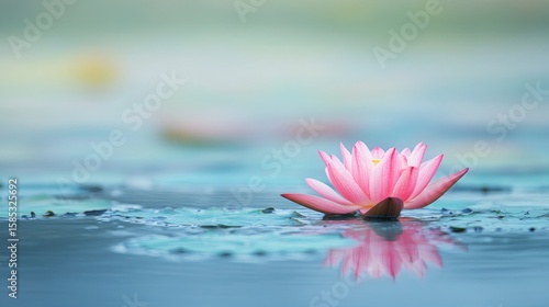 One pink lotus is suspended on the rippled blue water's surface