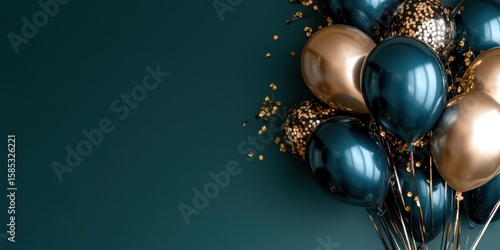 Elegant gold and black balloons with confetti on dark teal background