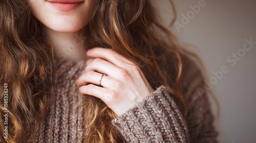 Woman wearing sweater with ring closeup