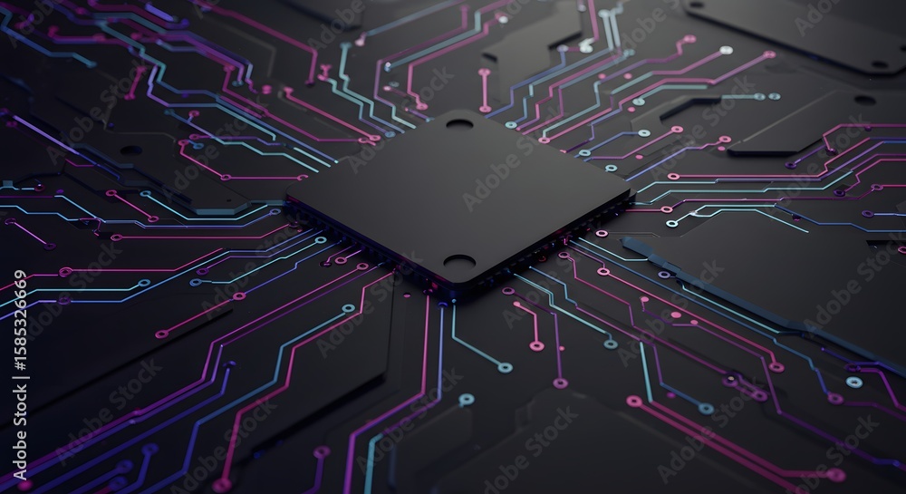 Fototapeta premium Close-Up of a Microchip Surrounded by Complex Circuitry on a Black Background with Gradient Colors