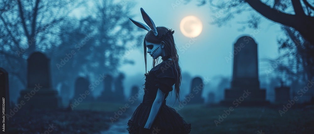 Fototapeta premium Girl in halloween costume in a foggy cemetery at night