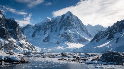 Wallpaper Mural Snow-covered mountains rise above an icy bay under a clear blue sky, surrounded by rugged cliffs and scattered ice floes. Torontodigital.ca