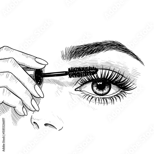 Vintage ink sketch mascara eye makeup hand-drawn black and white illustration vector for beauty salons and cosmetic shops, engraving style