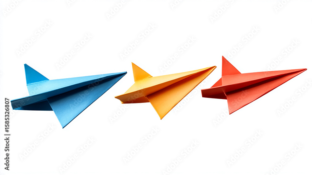 Fototapeta premium Three paper airplanes in blue orange and red colors on a white background in a horizontal composition