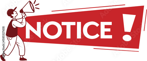 Person with megaphone announcing important notice with exclamation mark on red banner illustration