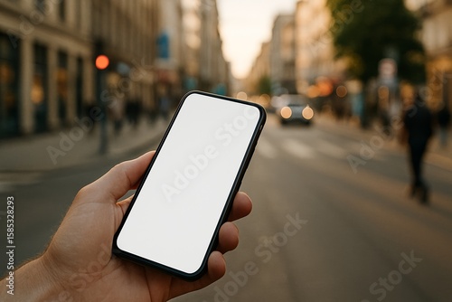 Person holding a smartphone with a white screen on a busy city street during golden hour, with blurred cars and pedestrians in the background.	

