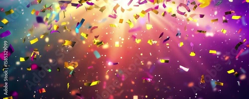 Colorful confetti falling against a vibrant background with bright light beams creates a festive and celebratory atmosphere