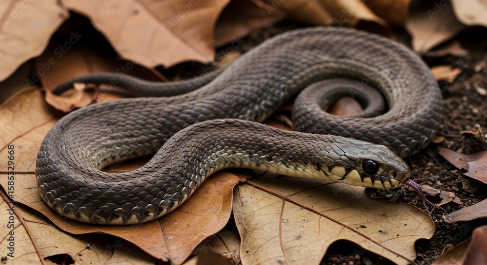 Fototapeta premium 紅葉の中静かに潜む蛇 滑らかな鱗 秋の光彩. AI Generated