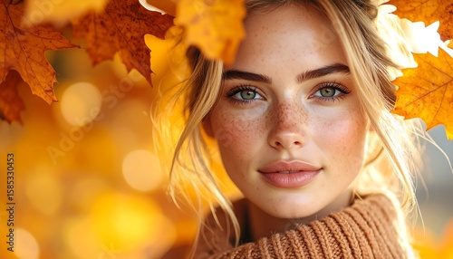 Close-up portrait of a woman in autumn leaves