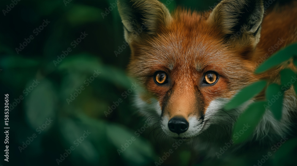 Fototapeta premium Curious Red Fox Peeking Through Foliage