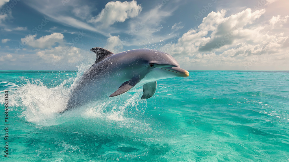 Naklejka premium Playful Dolphin Leaping from Ocean