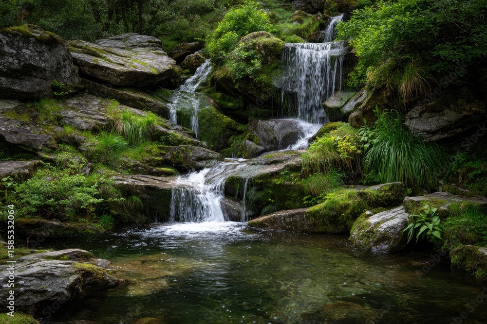 Obraz premium Cascading waterfall tumbling over moss-covered rocks into a clear pool, surrounded by lush green vegetation in a tranquil forest setting