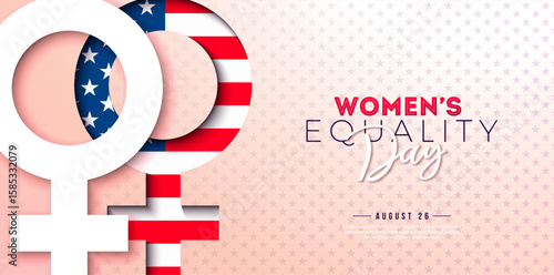 Women's Equality Day Banner Design with American Flag in Female Symbol and Typography Lettering on Light Pink Background. August 26 National Feminine Holiday in United States. USA Celebration Template