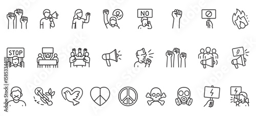 Protest & Activism Line Icons – Unique Outline Symbols for Social Justice, Demonstration, Human Rights & Political Movements