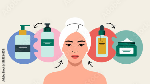 woman demonstrating skincare steps with cleanser and serum vector illustration 