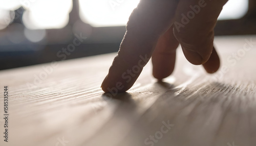 Close-Up of Hand Touching Oak Beam Grain in Dusty Workshop Light