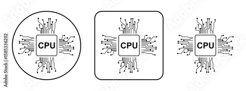 CPU chip icon with circuit board lines in circle, square, and minimal formats