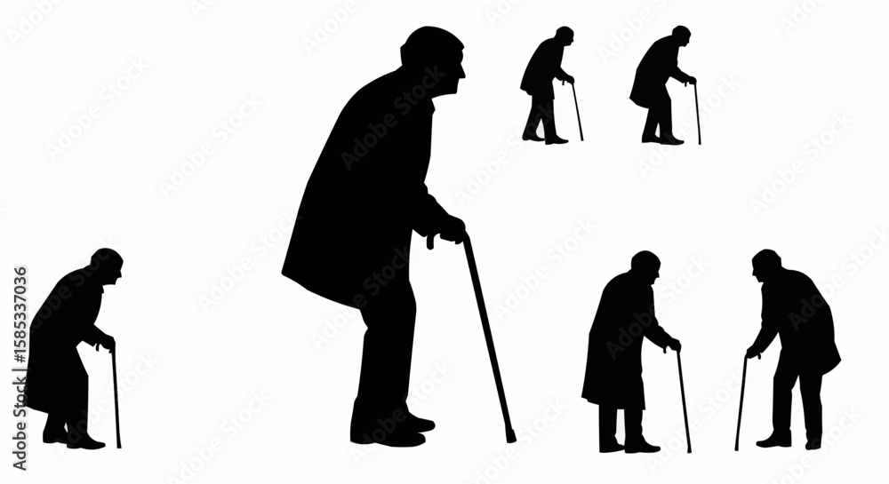 Obraz premium Elderly Person Walking with Cane Silhouette Set – Senior Walking Poses in Vector Style on White Background