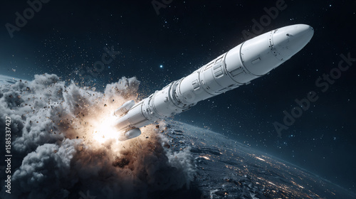 Large white rocket launching from earth into space. Space exploration and travel concept. Modern transportation for cosmic flight.