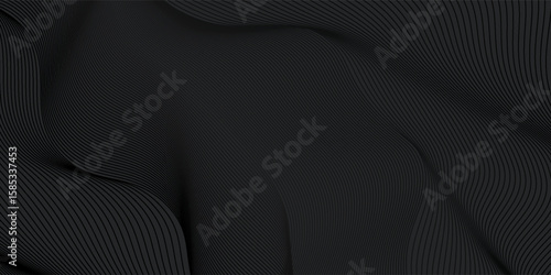 Black abstract background design. Modern wavy line pattern (guilloche curves) in monochrome colors. Premium stripe texture for banner, business backdrop. Dark horizontal vector template