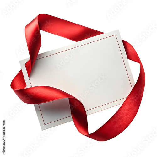 Blank white card with red satin ribbon tied around it and isolated on transparent background