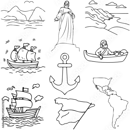Nautical illustrations featuring ships, anchors, and South America  