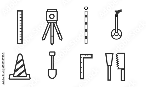 Illustrations and icons of tools used in road construction, etc.