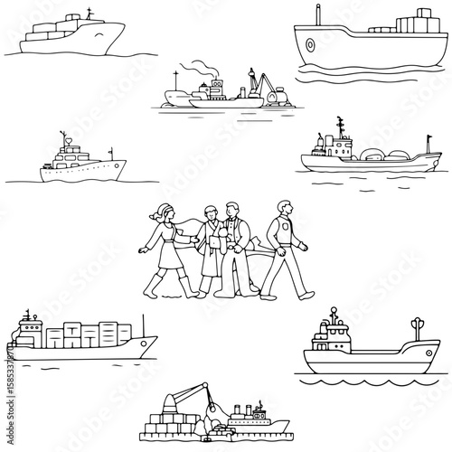Various ships illustrated with crew members on the water and coastline  