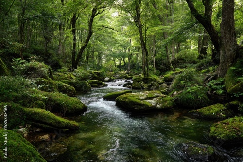 Lush green forest stream flows over moss-covered rocks, sunlight dappled through canopy
