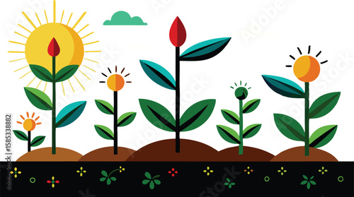This collection of images depicts illustrations showing the stages of plant growth, from sprouting seeds to mature plant