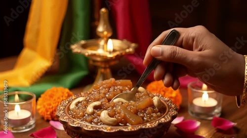 A hand using a spoon to take a portion from a dessert dish garnished with cashews Candles and floral elements adorn the warmtoned table